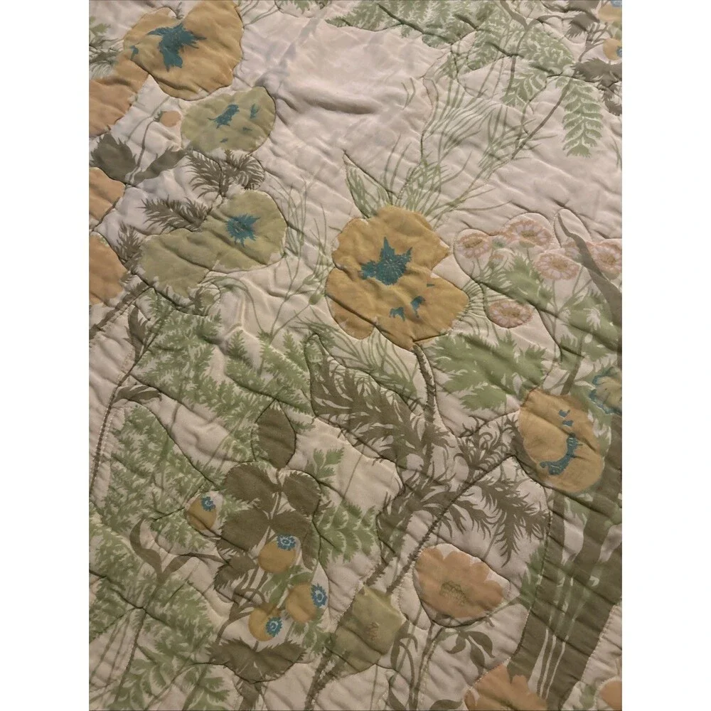 Vintage 70s Floral Besdpread mid century Poppies Yellow Green Orange 76x91